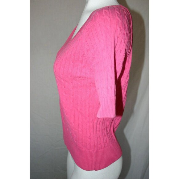Jeanne Pierre Womens Pink Cable Knit V-Neck Short Sleeve Sweater Size Medium - Picture 4 of 6